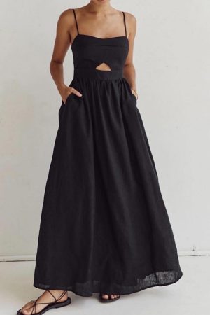 Cotton Sleeveless Pockets Cutout Long Dress