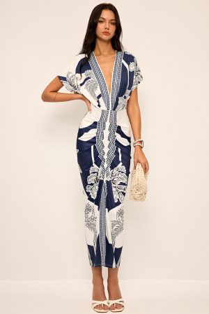 Printed Deep V-Neck Midi Dress Without Belt