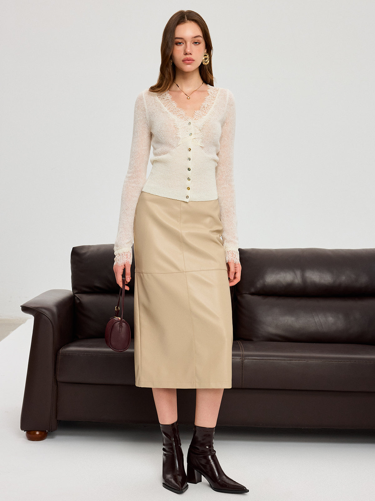 Wool Blend Lace V-Neck Button Knit Top - Image 5