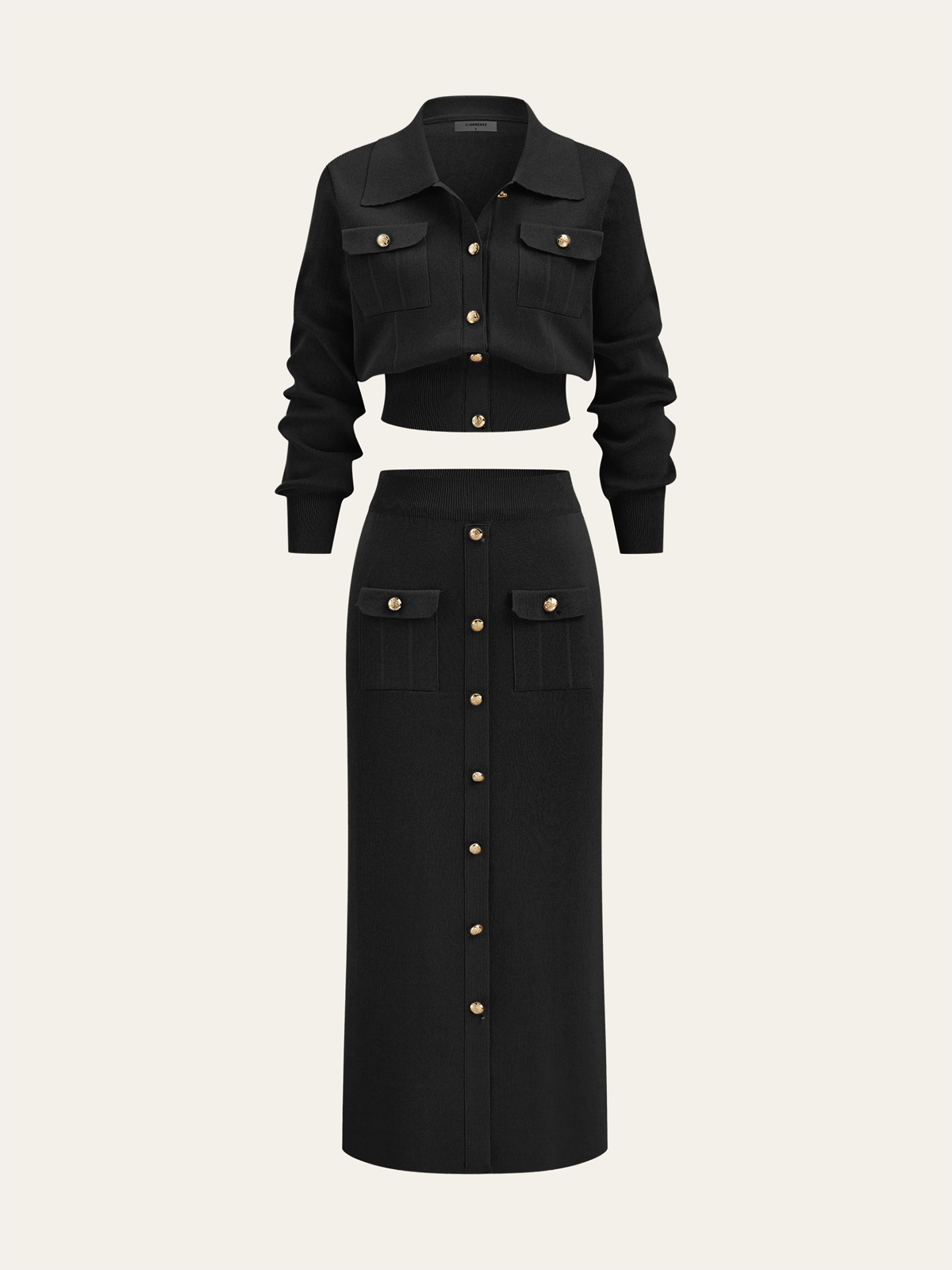 Metal Button Collared Cardigan and Midi Skirt Set - Image 8