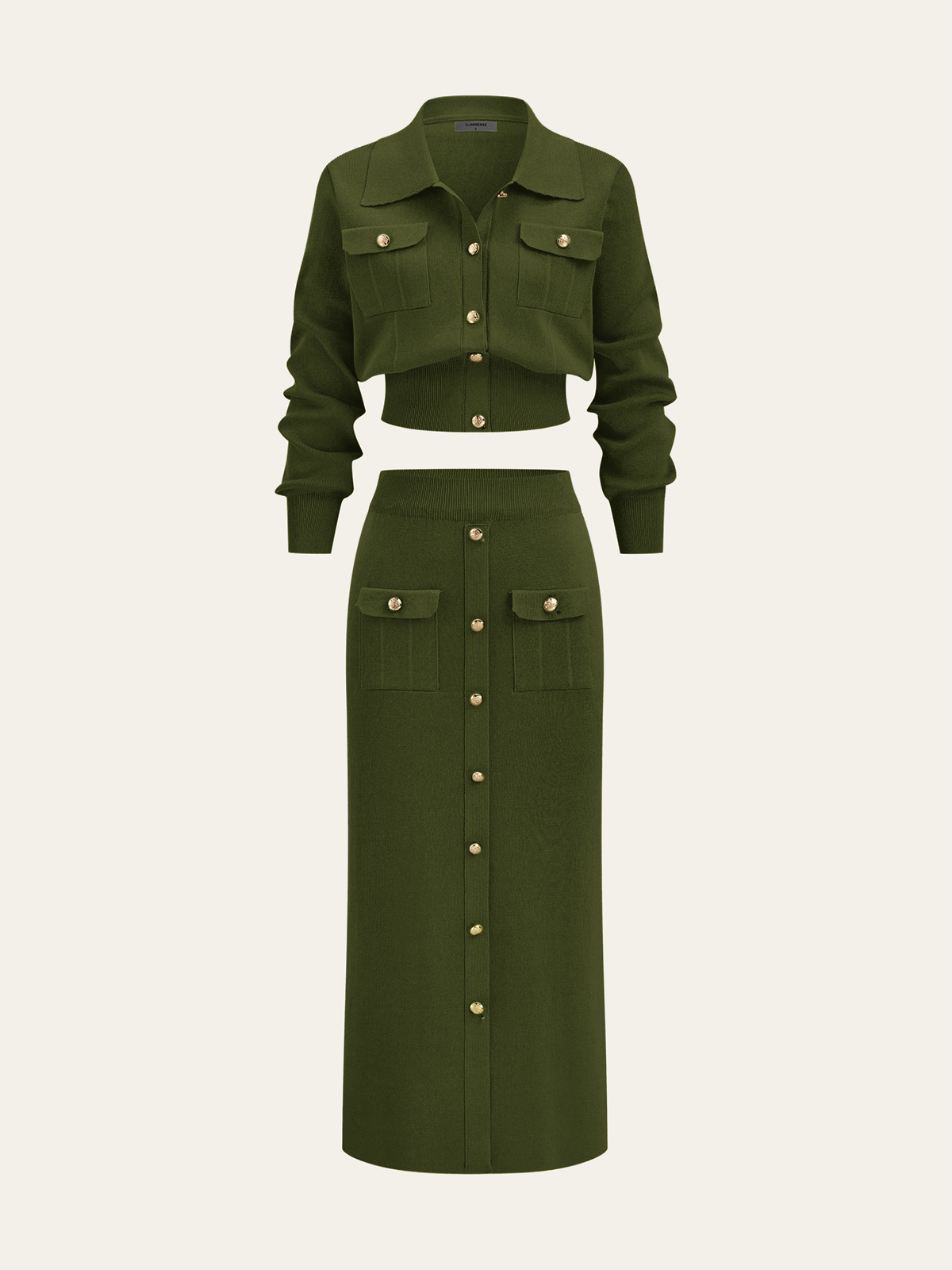 Metal Button Collared Cardigan and Midi Skirt Set - Image 11