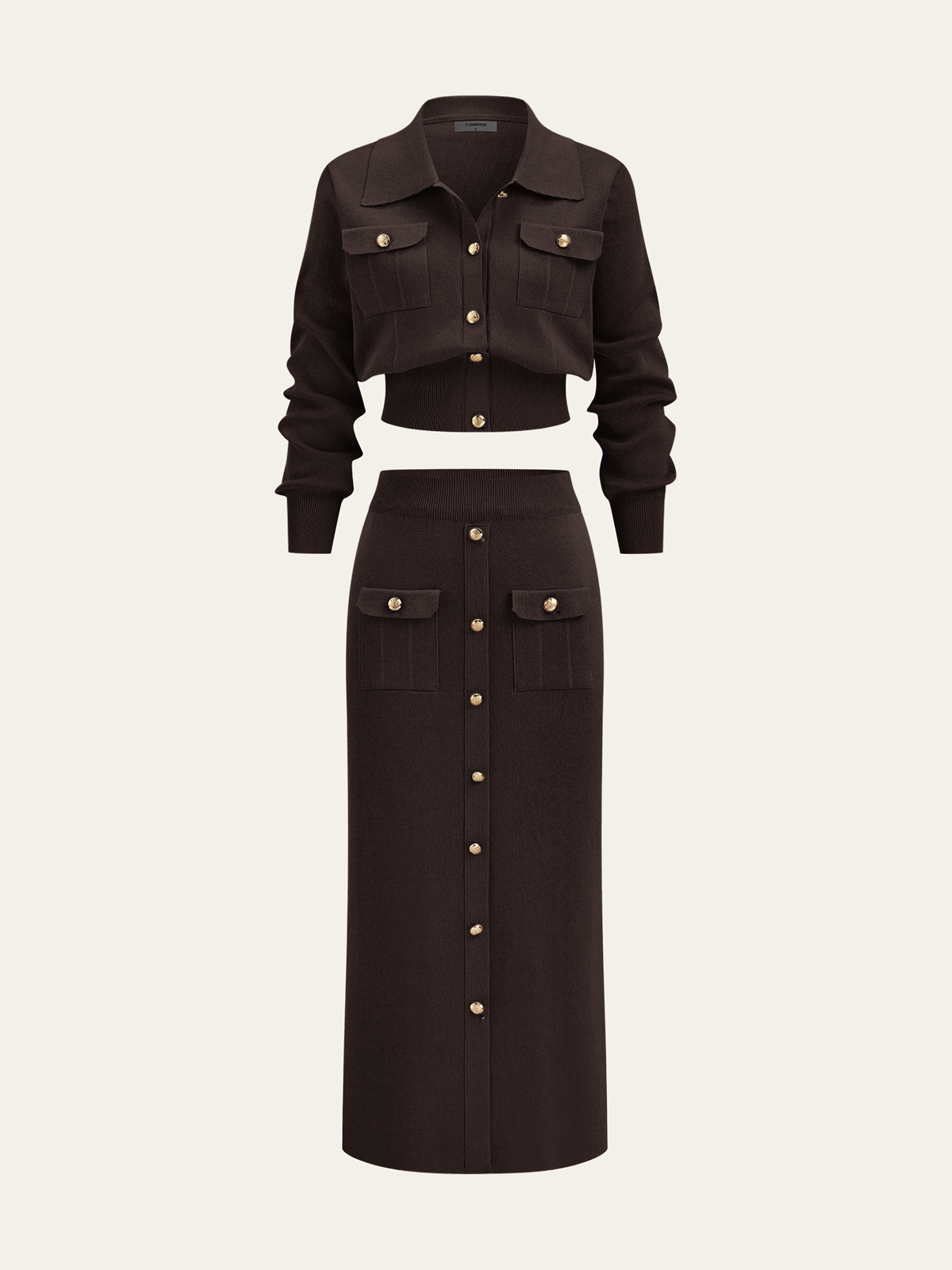 Metal Button Collared Cardigan and Midi Skirt Set - Image 14
