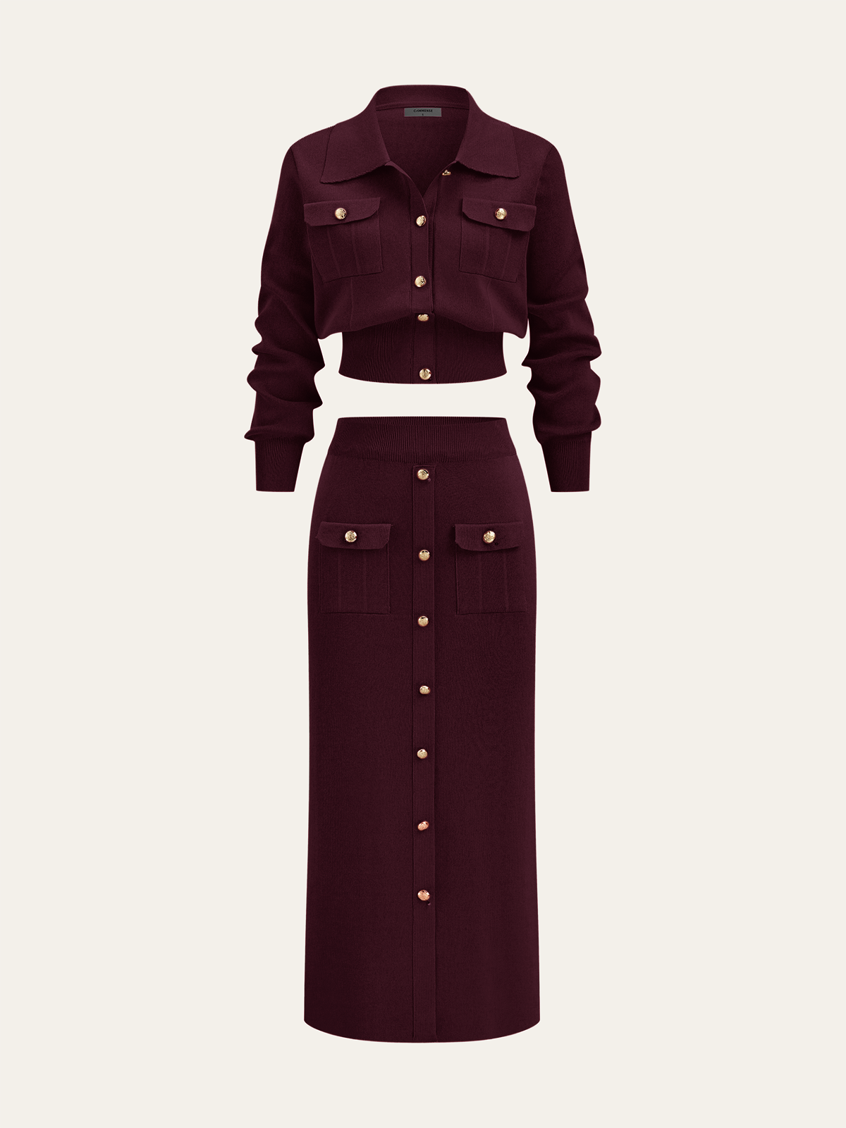Metal Button Collared Cardigan and Midi Skirt Set - Image 20