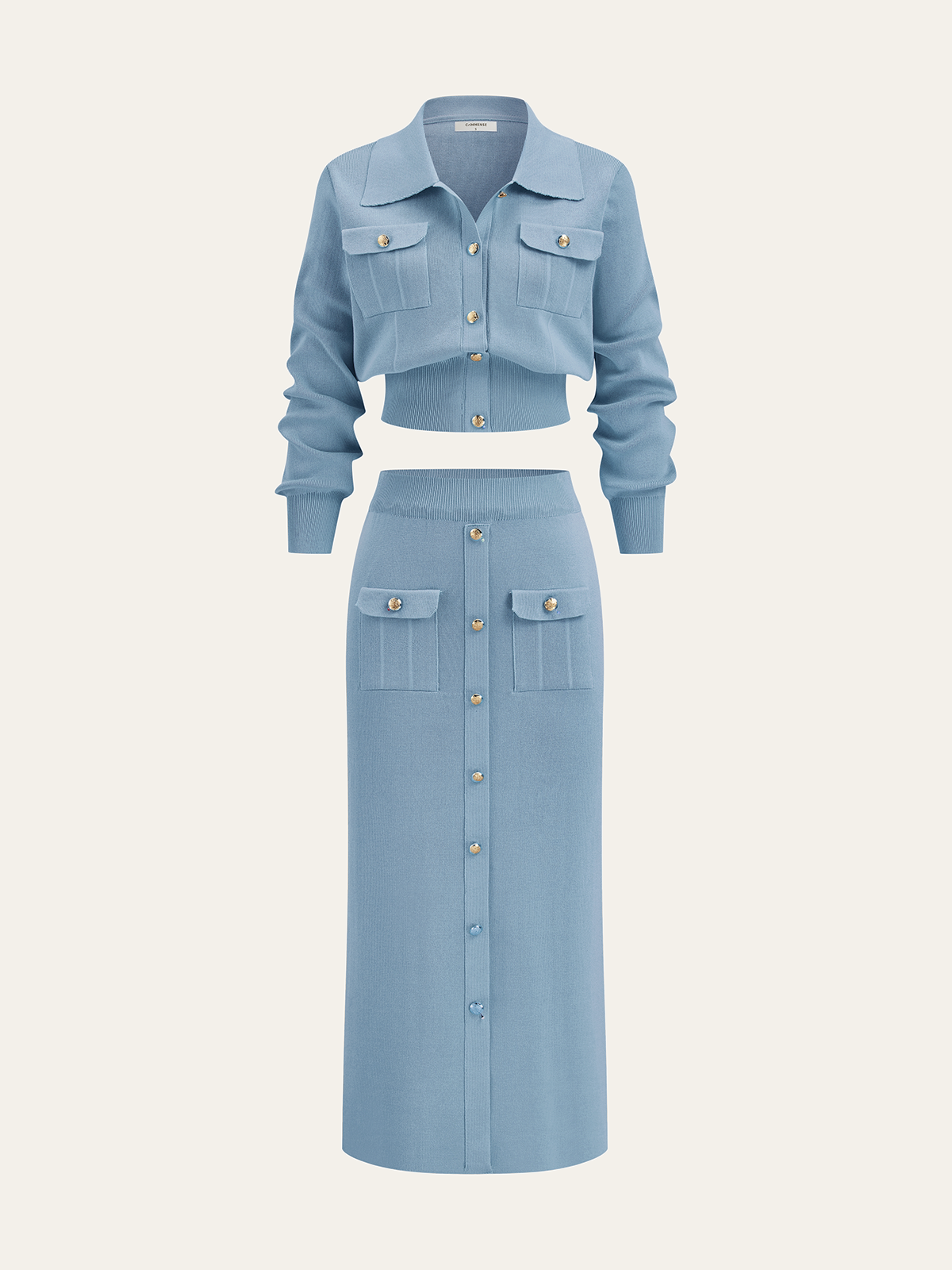 Metal Button Collared Cardigan and Midi Skirt Set - Image 26