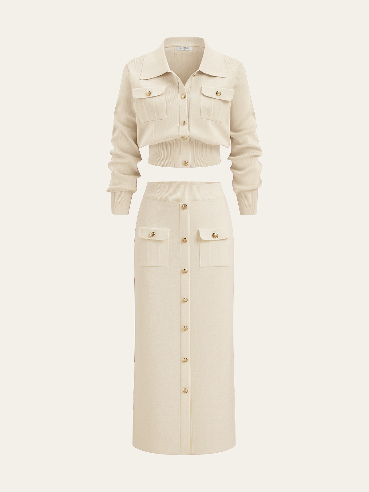 Metal Button Collared Cardigan and Midi Skirt Set - Image 23
