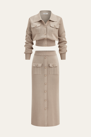 Metal Button Collared Cardigan and Midi Skirt Set