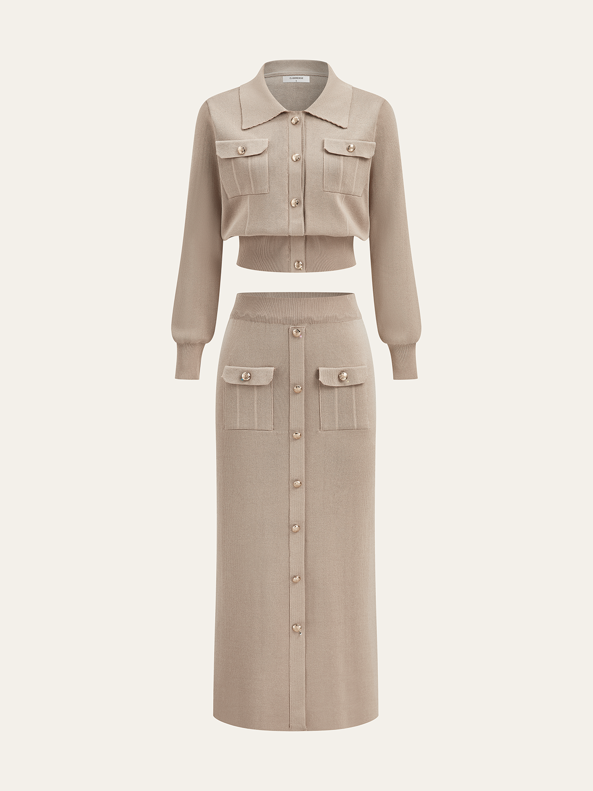 Metal Button Collared Cardigan and Midi Skirt Set - Image 2