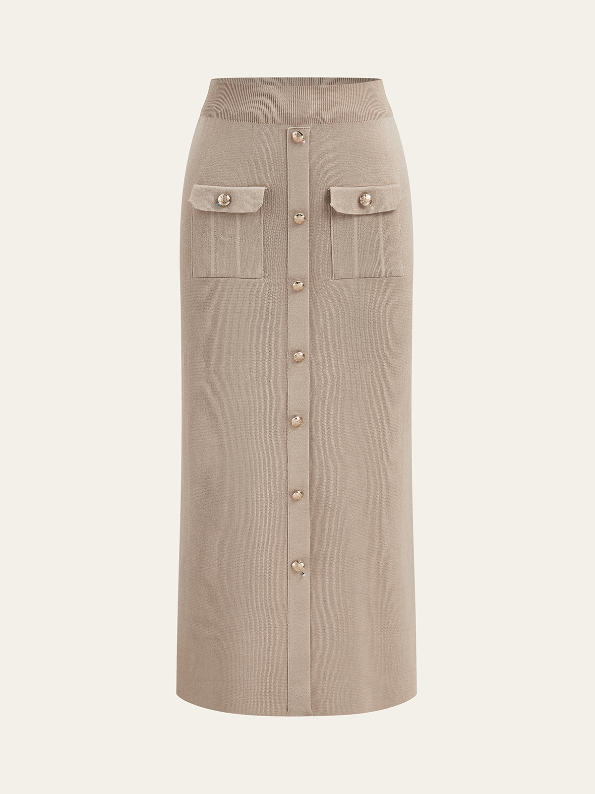 Metal Button Collared Cardigan and Midi Skirt Set - Image 4