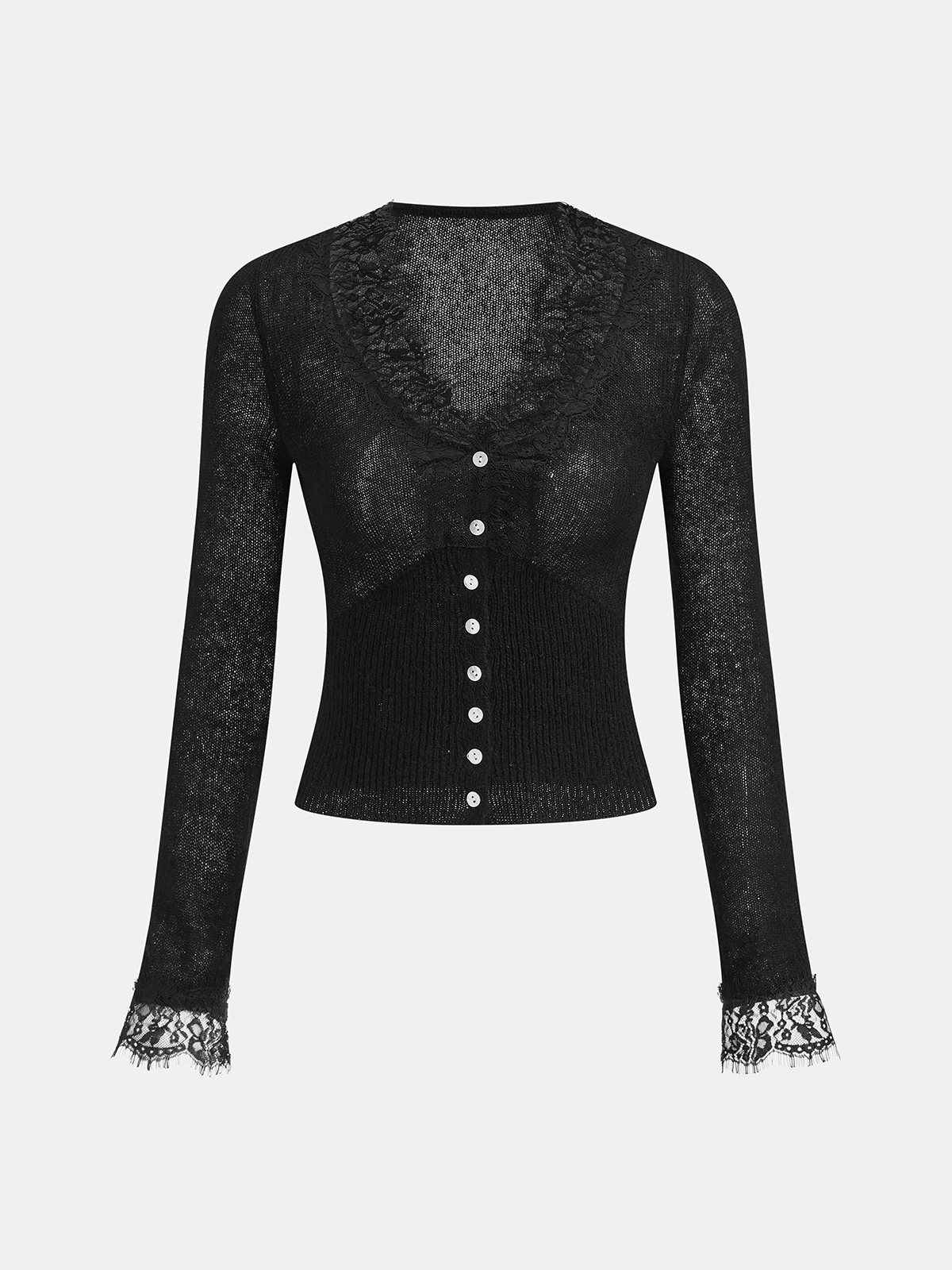Wool Blend Lace V-Neck Button Knit Top - Image 7