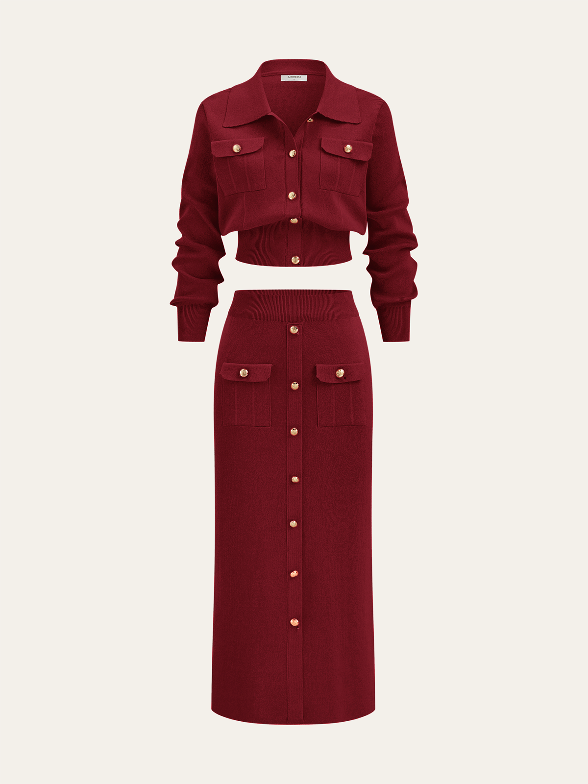 Metal Button Collared Cardigan and Midi Skirt Set - Image 17