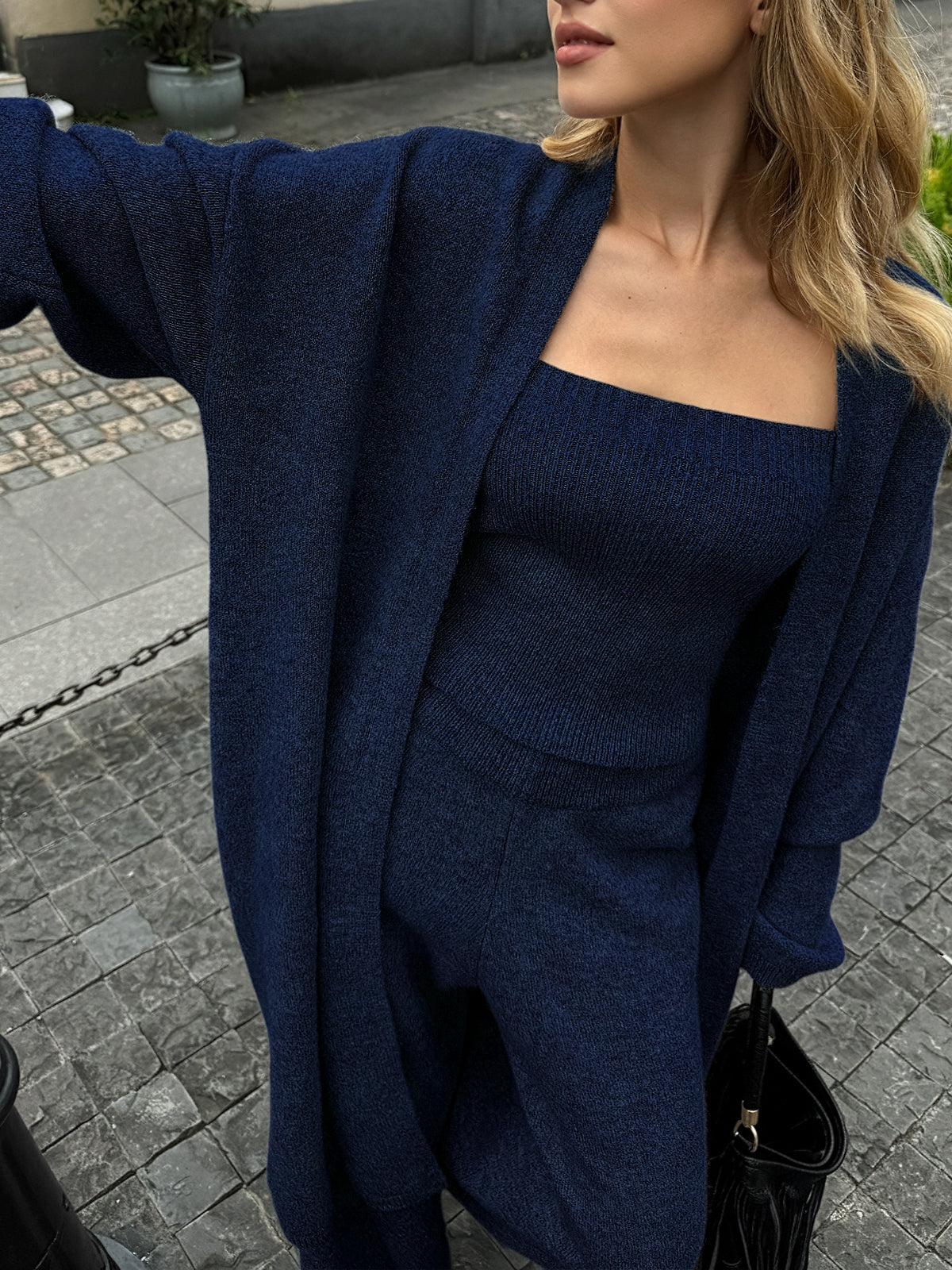 Three-Piece Knit Bustier Cardigan Pants Set - Image 9