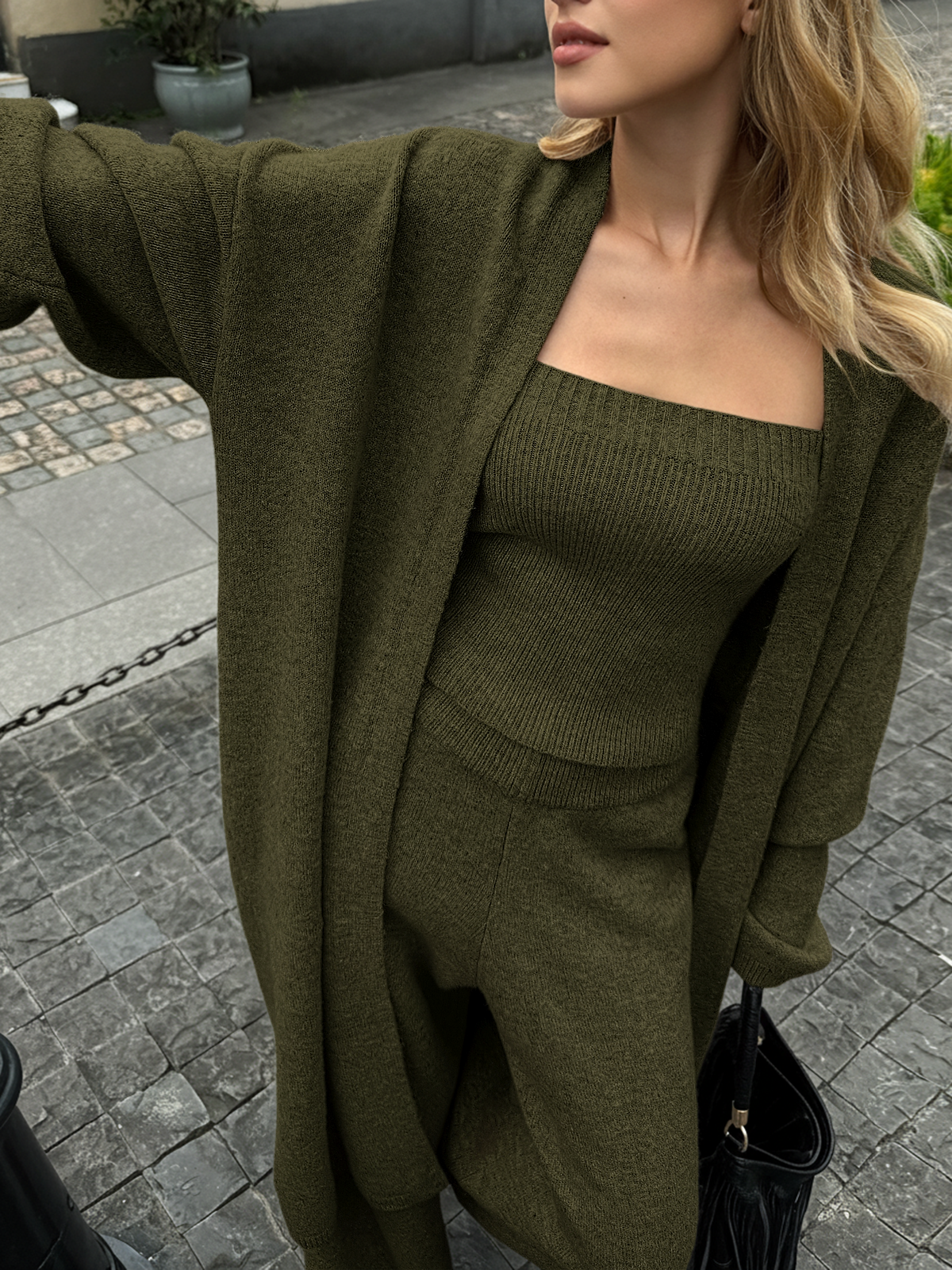 Three-Piece Knit Bustier Cardigan Pants Set - Image 10