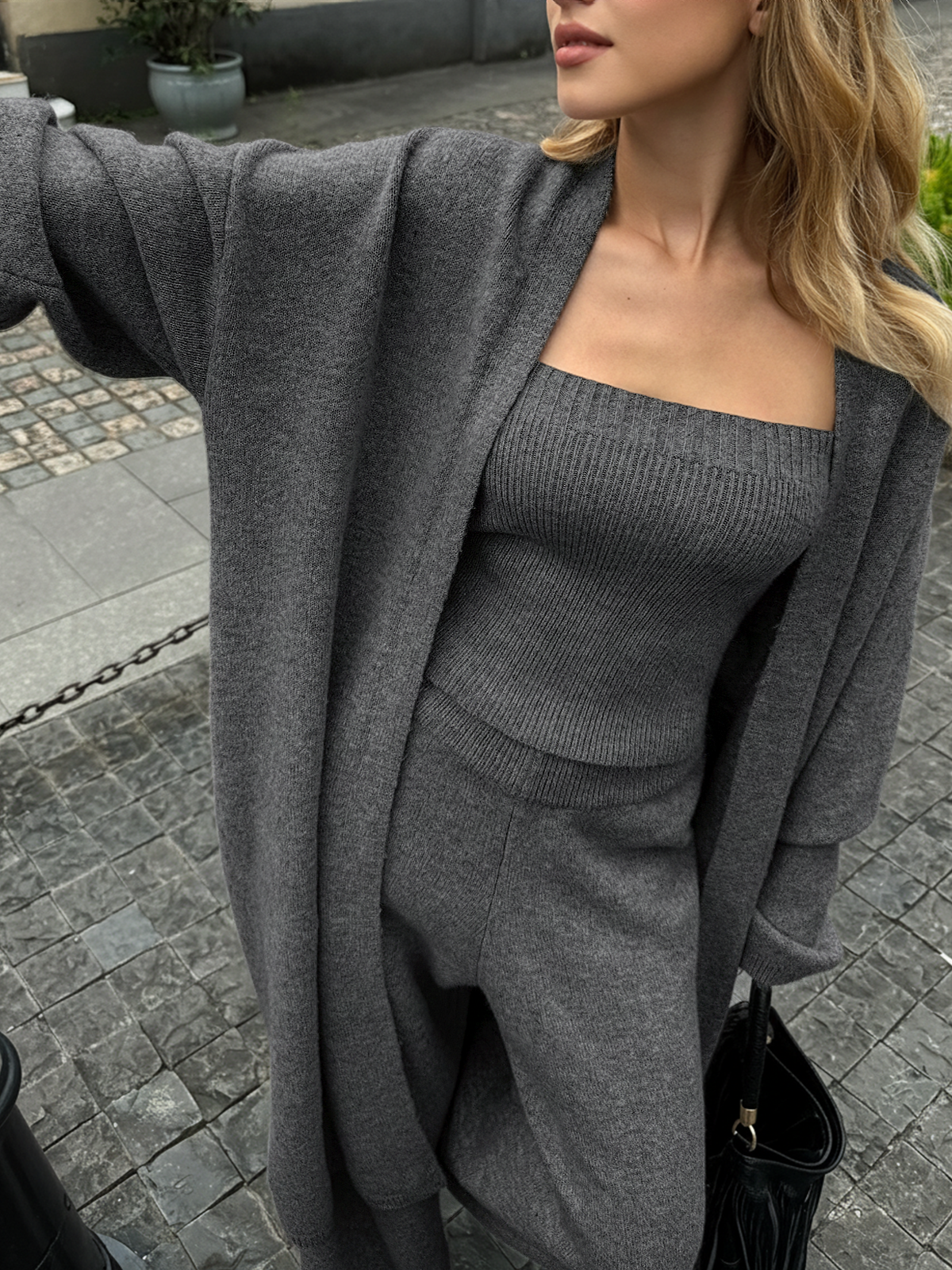 Three-Piece Knit Bustier Cardigan Pants Set - Image 11