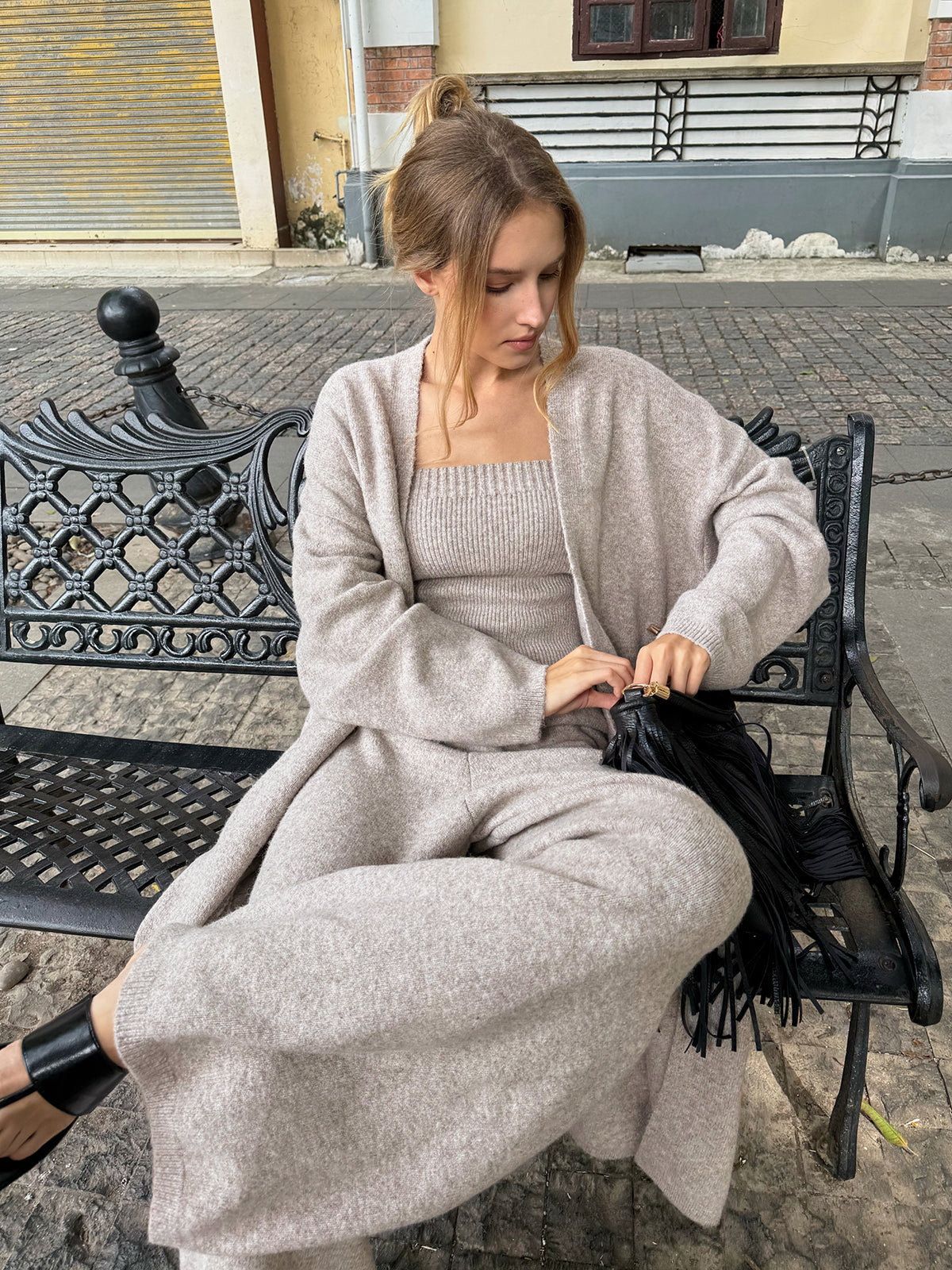 Three-Piece Knit Bustier Cardigan Pants Set - Image 2