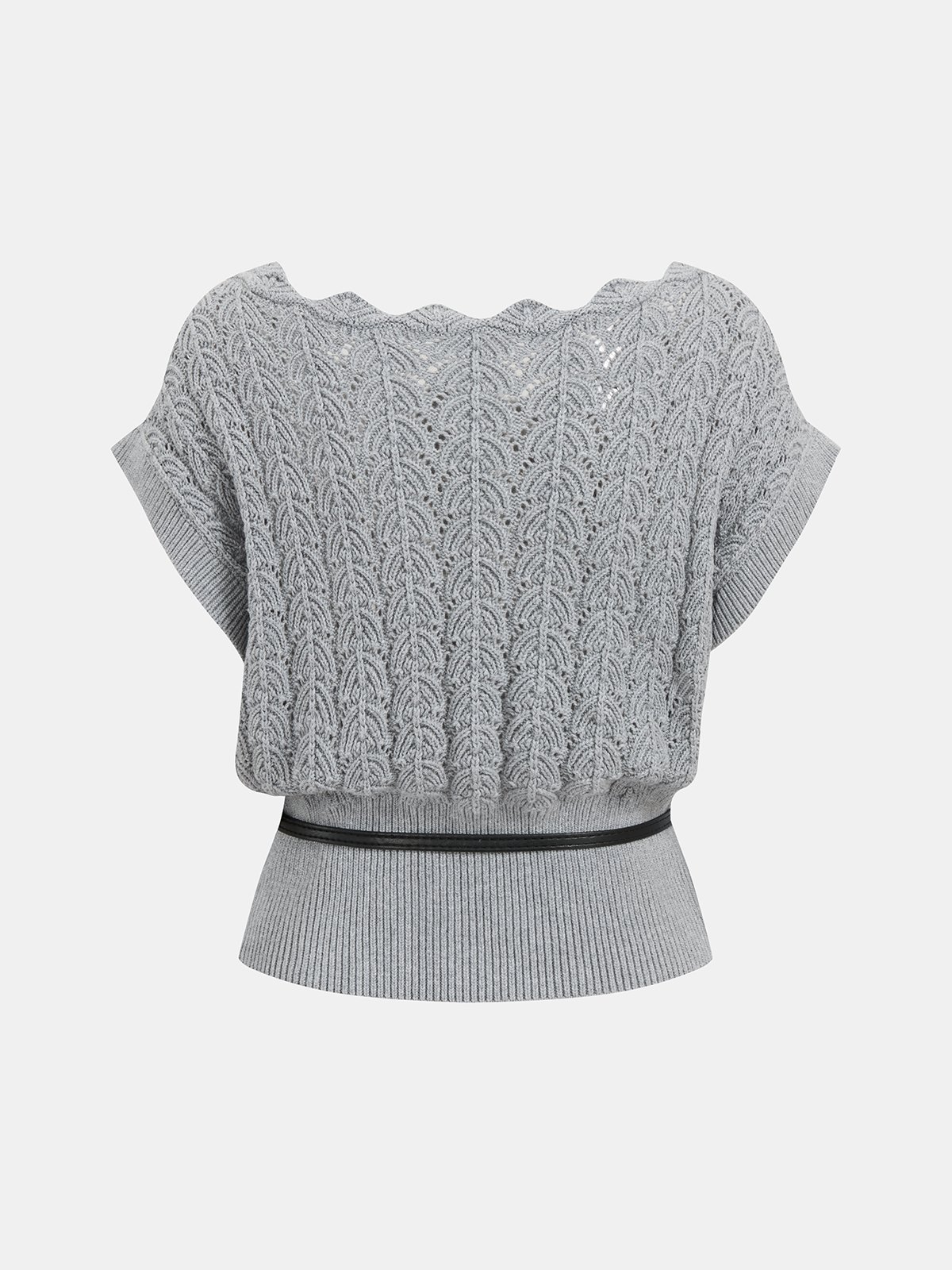 Scalloped Neck Belted Knit Top - Image 2