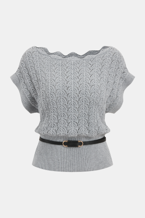 Scalloped Neck Belted Knit Top