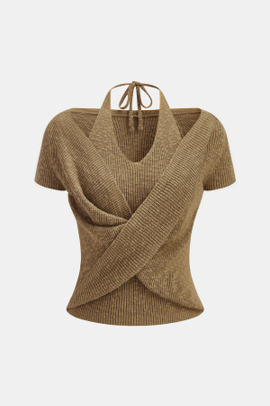Halter Wrap Short Sleeve Knit Top