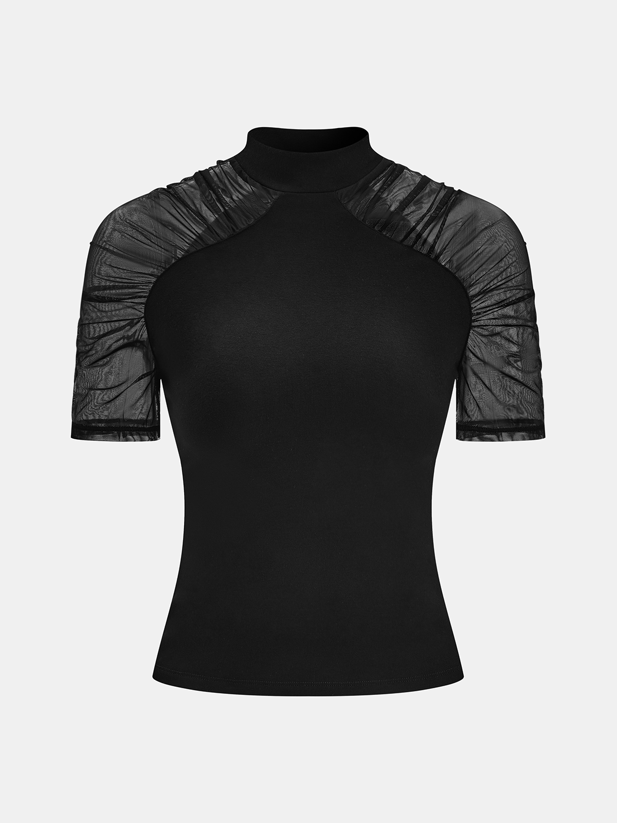 Mock Neck Mesh Sleeve Knit Top - Image 2