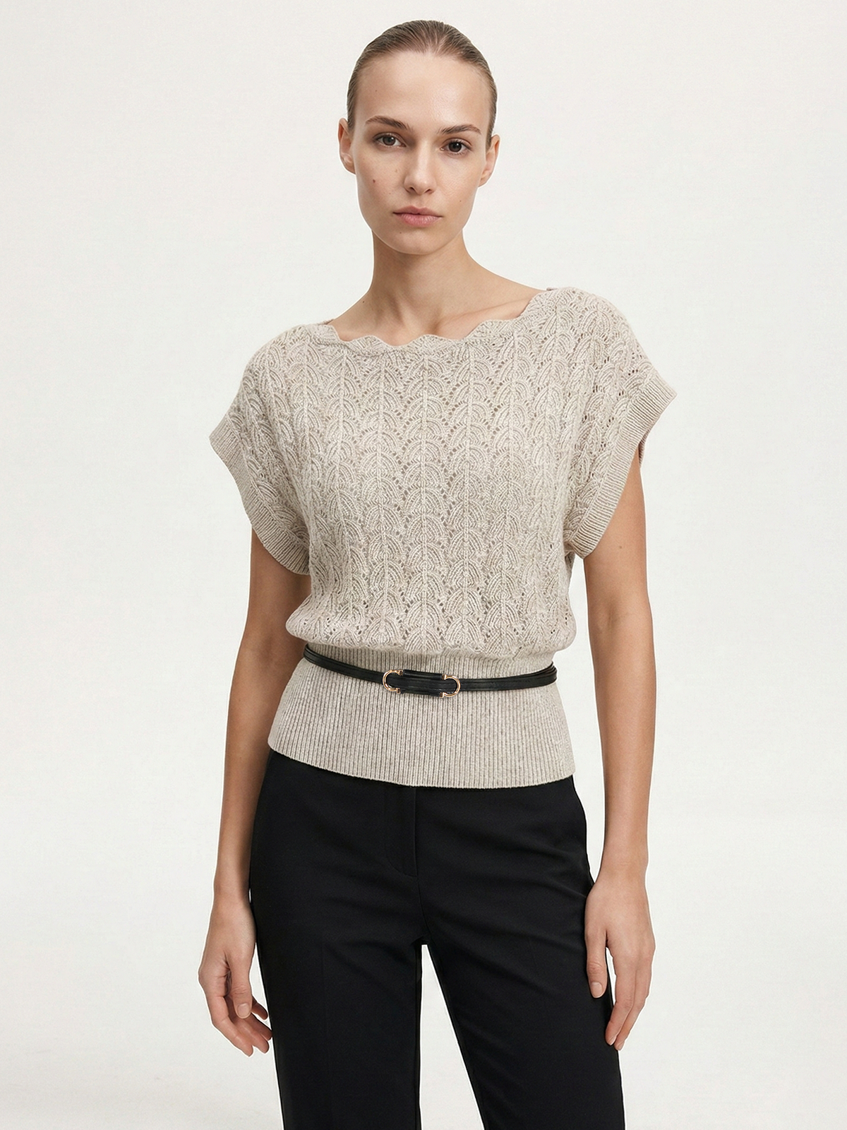 Scalloped Neck Belted Knit Top - Image 6