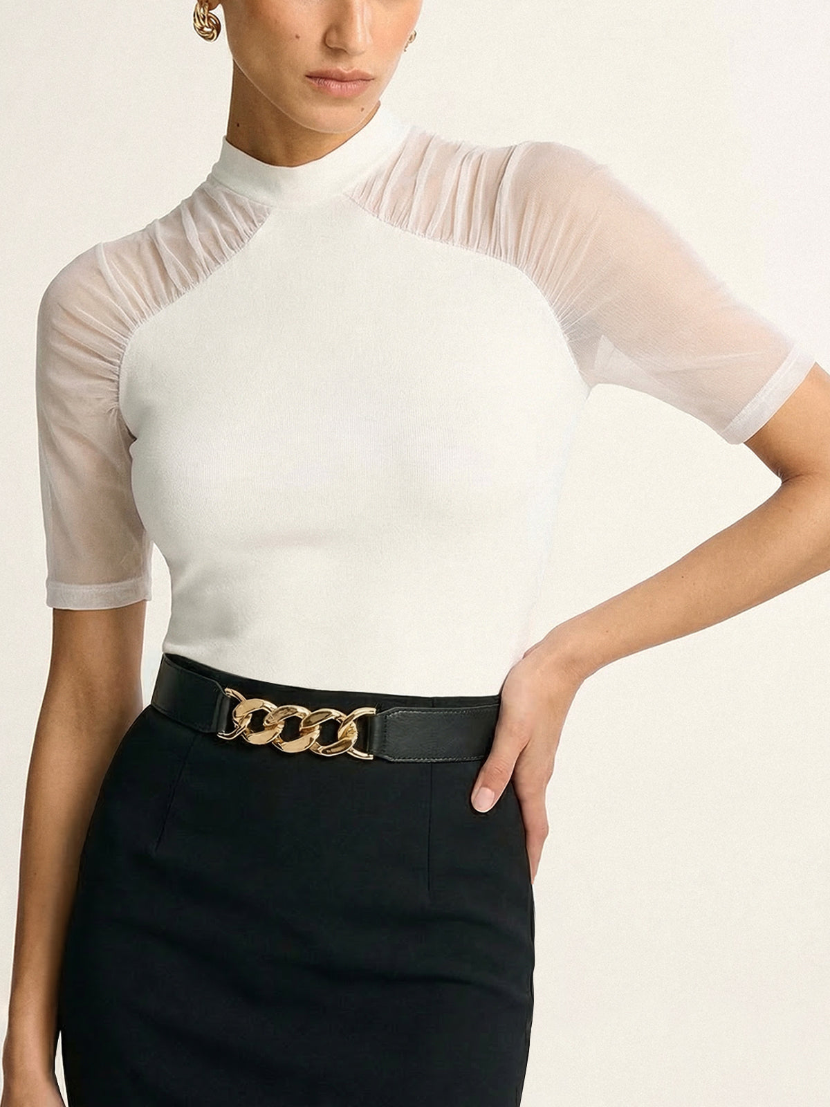 Mock Neck Mesh Sleeve Knit Top - Image 6